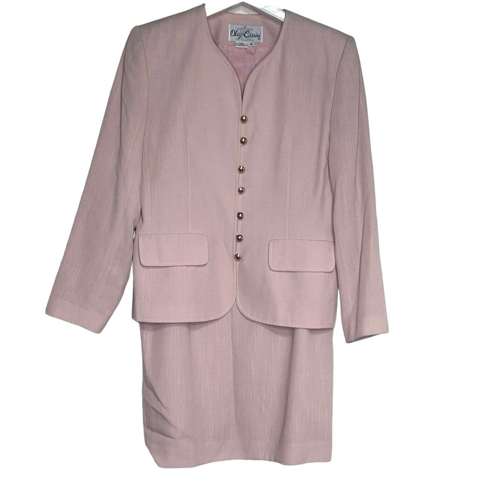 Oleg Cassini Skirt Suit 12 Pink Vintage‎ Button Front Collarless Professional